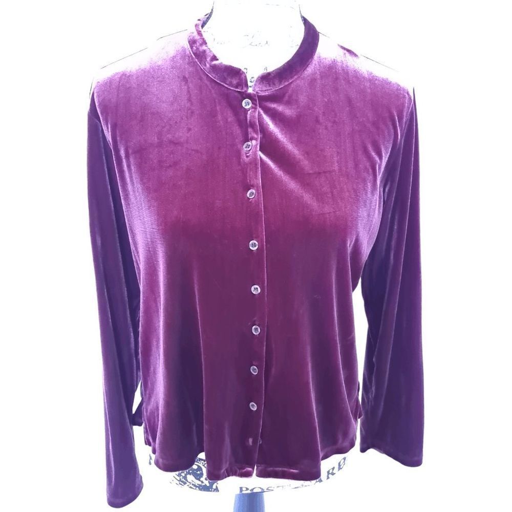 J. Jill Purple Stretch Velvet Button Up Long Sleeve Blouse Top Women's Size M 